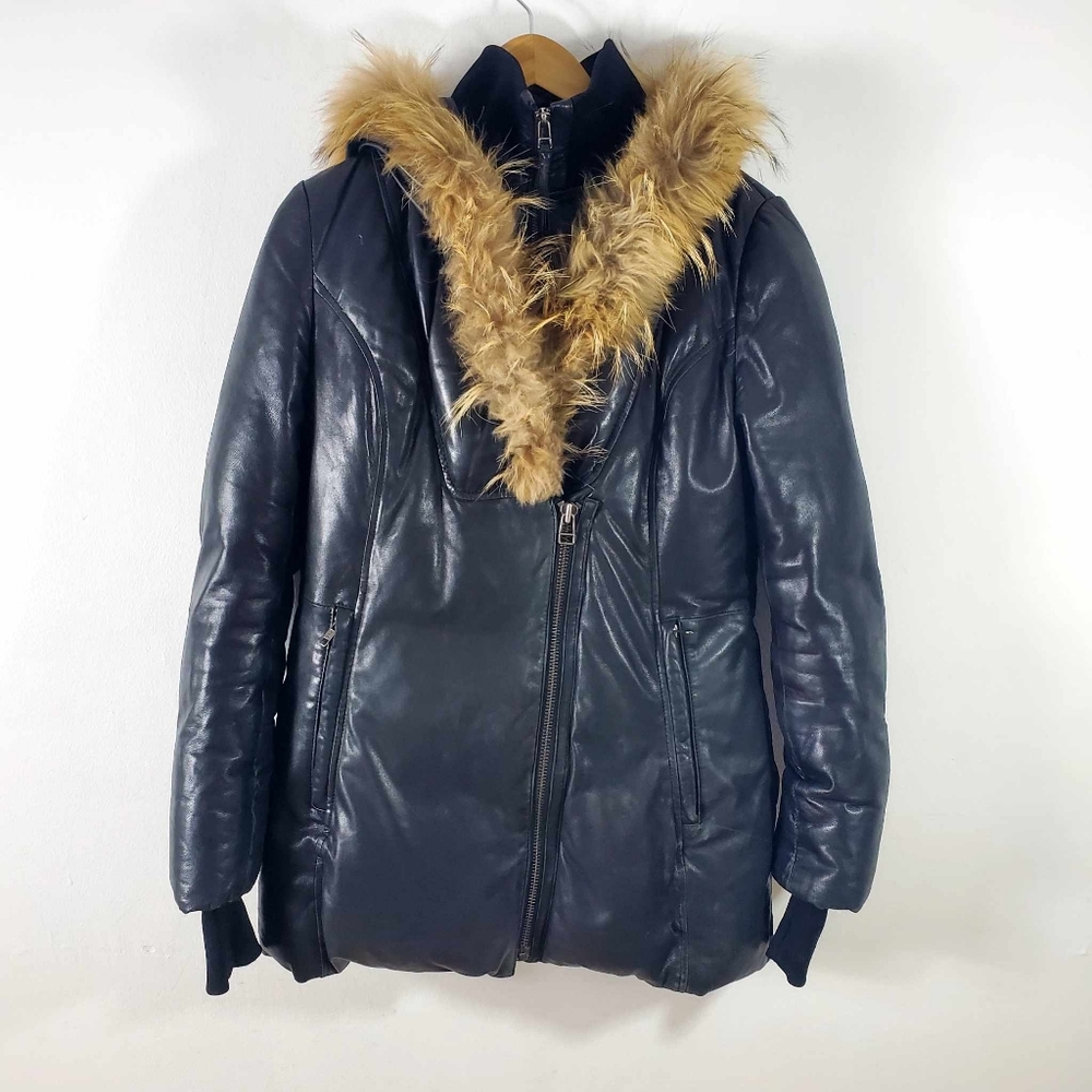 Mackage Coats Ingrid Black Lambskin Leather Down Parka With Fur Trim Hood